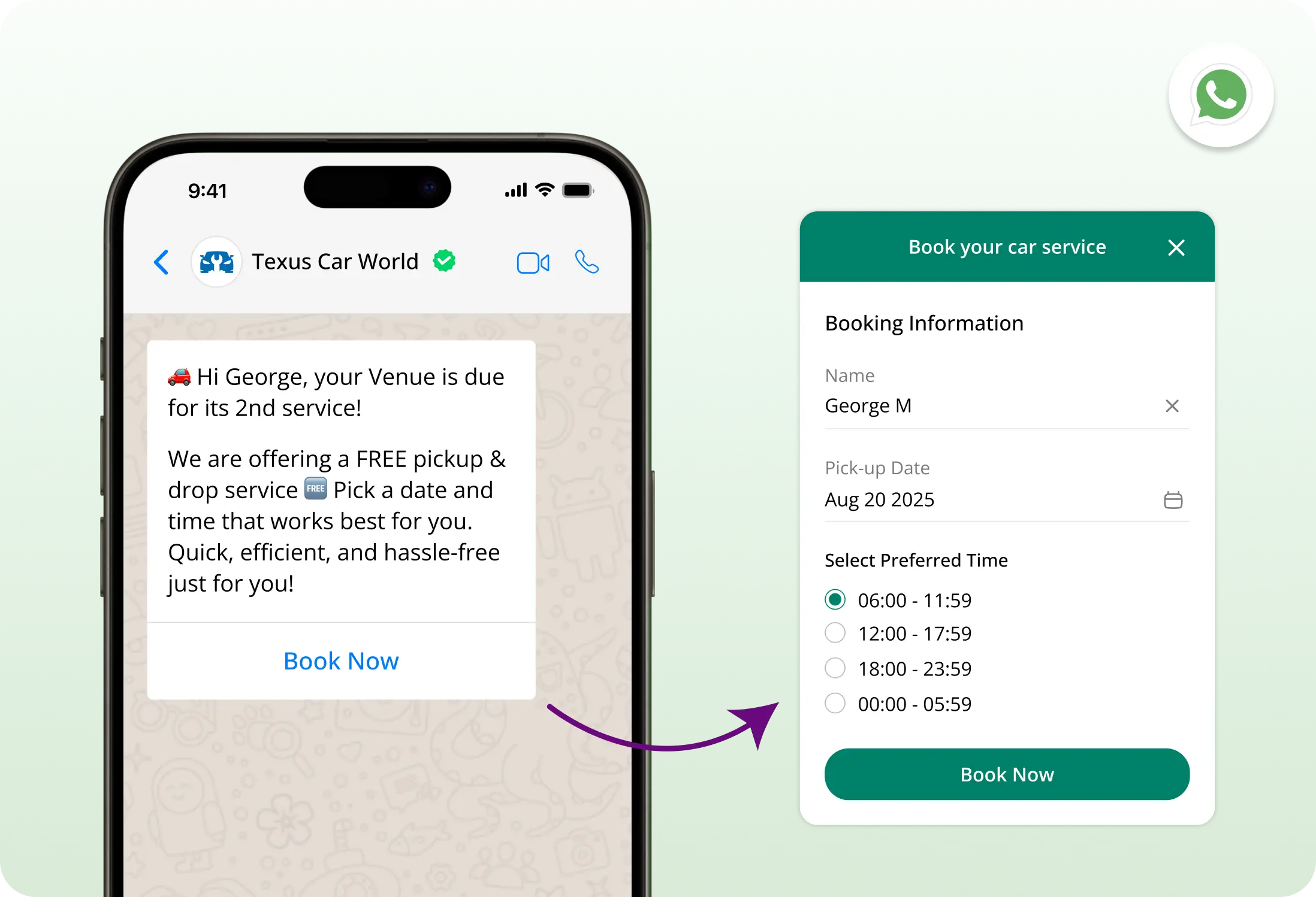 WhatsApp conversation screen displaying a message with interactive buttons for customer engagement.